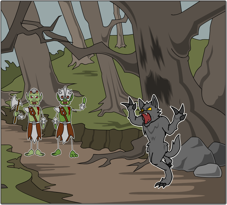 Werewolf is blocked in their path by two gobblins.